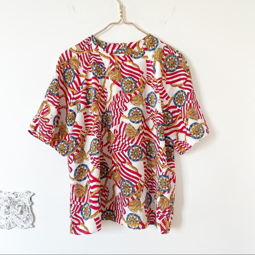 Vintage Patriotic Flag Nautical Blouse Short Sleeve Top L